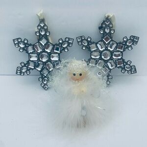 Christmas Holiday Ornaments Set Of 3 Silver Snowflakes Clear Crystals Angel
